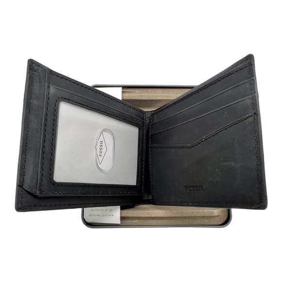 New FOSSIL Leather Wallet Bi-fold Flip ID Dark Brown Tin Box - Picture 3 of 8